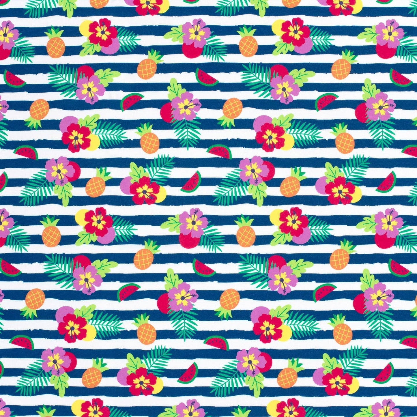 Image du tissu lycra pour maillot de bain avec protection UPF50 – motif tropical à rayures 200 g/m² – disponible chez Šarlotes audumi