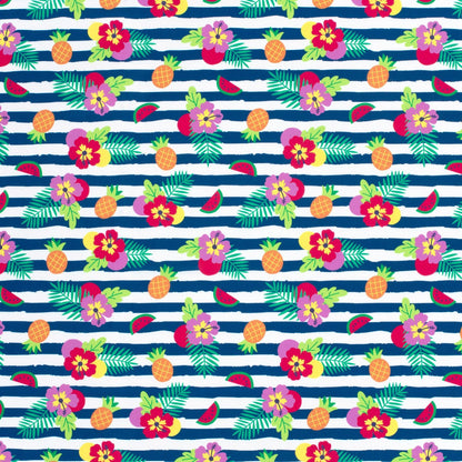 Image du tissu lycra pour maillot de bain avec protection UPF50 – motif tropical à rayures 200 g/m² – disponible chez Šarlotes audumi