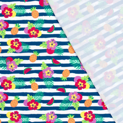 Image d’un tissu de maillot de bain en lycra avec protection UPF50 – motif tropical en lignes 200 g/m² – disponible chez Šarlotes audumi