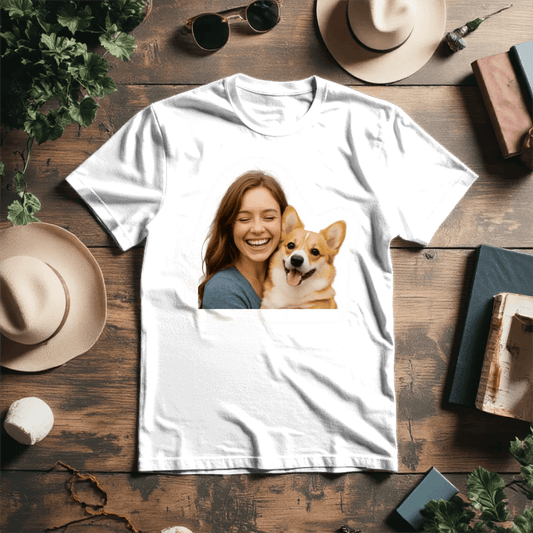 Attēls ar Personalizēts T - krekls ar tavu un mīluļa foto – pieejams Šarlotes audumi