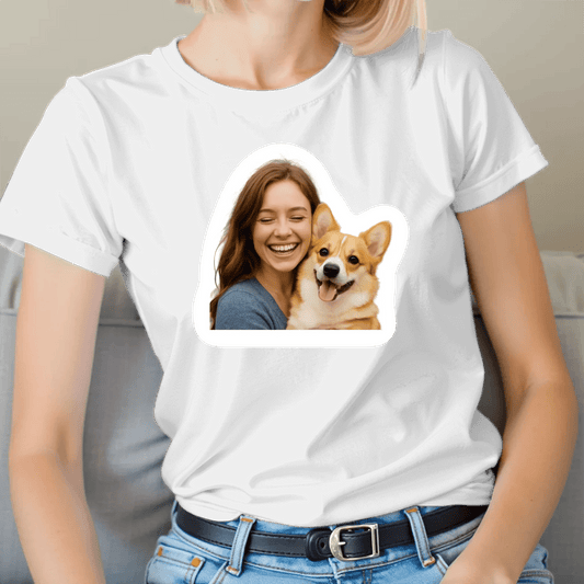 Attēls ar Personalizēts T - krekls ar tavu un mīluļa foto – pieejams Šarlotes audumi