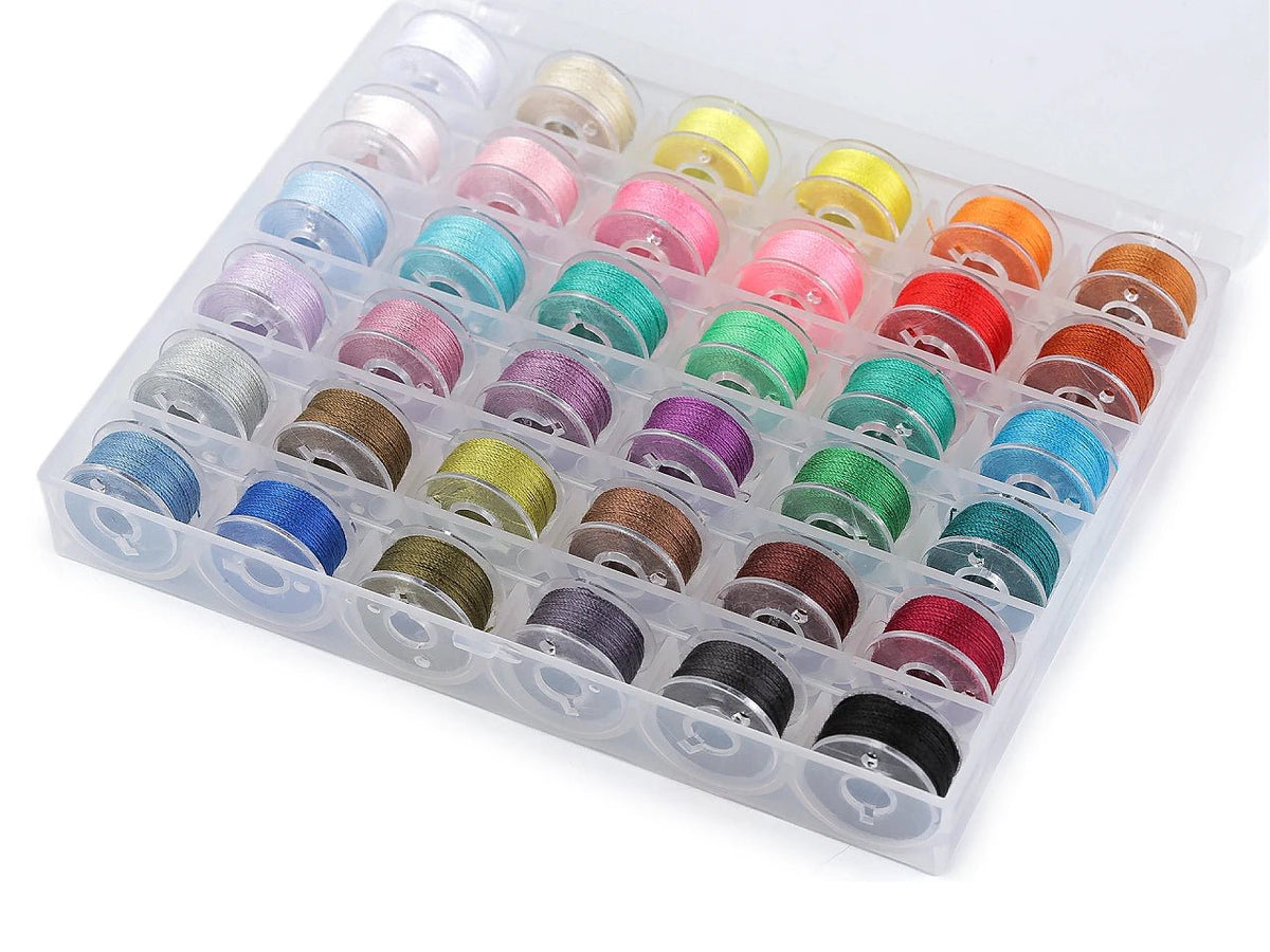 Image of a plastic box with thread spools – available online at Šarlotes audumi