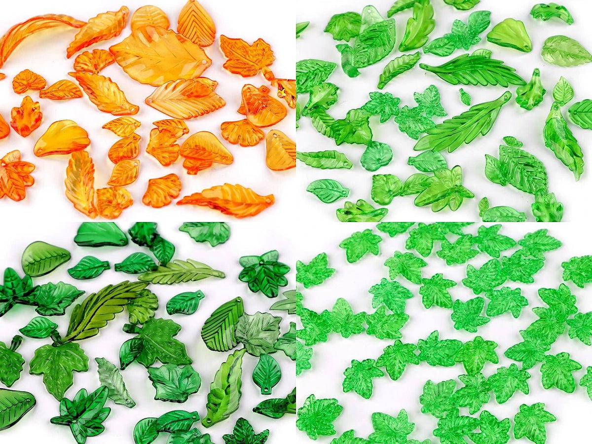 Image of plastic leaf beads – assorted shapes and sizes MIX – available online at Šarlotes audumi