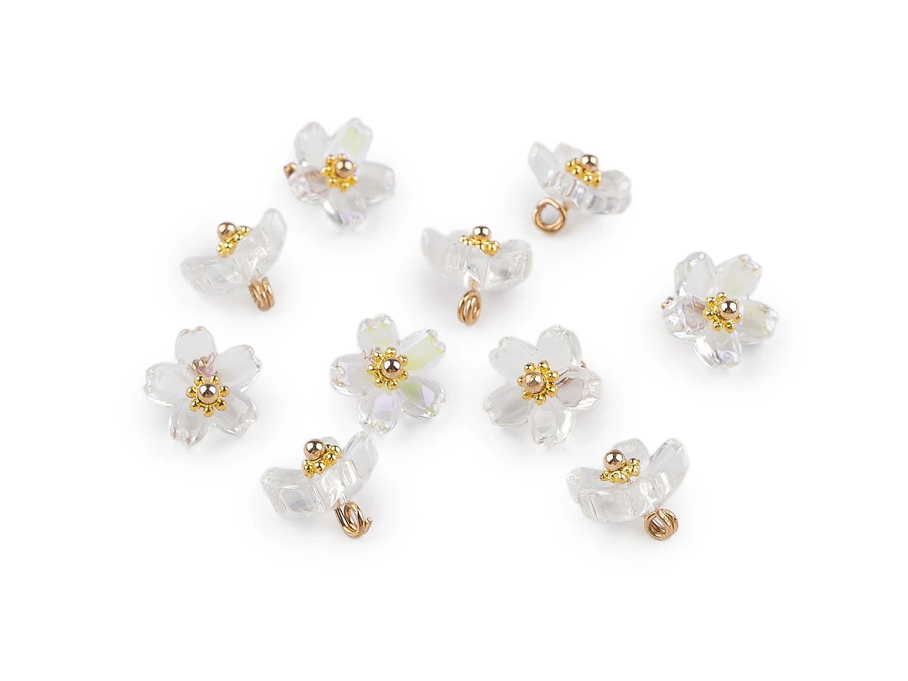 Attēls ar Plastmasas pogas, pērlītes – ziediņi ar metāla vidiņu Ø10 mm| dažadu toņu – pieejams Šarlotes audumi