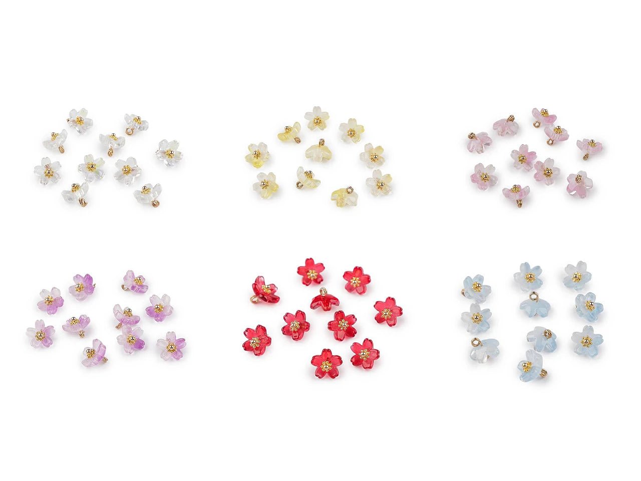 Attēls ar Plastmasas pogas, pērlītes – ziediņi ar metāla vidiņu Ø10 mm| dažadu toņu – pieejams Šarlotes audumi