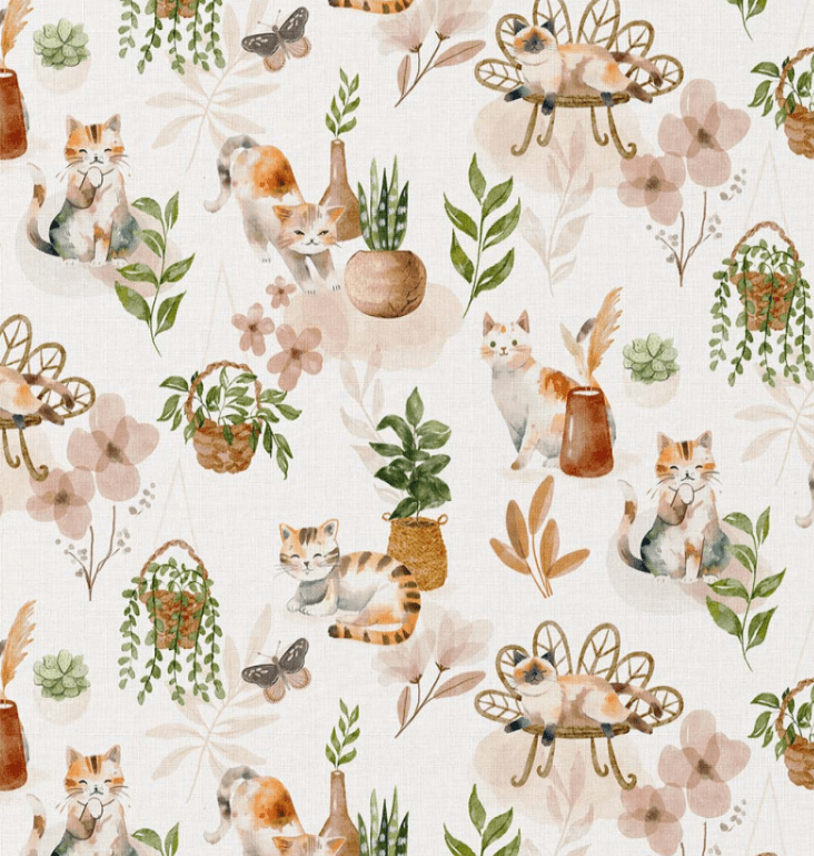 Poplin Cats with Houseplants – available online at Charlotte's Fabric