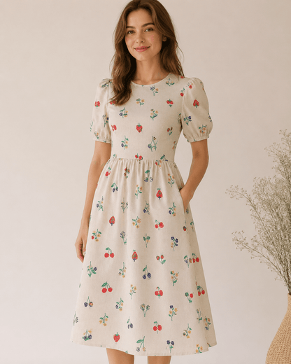 Image de tissu Premium 100 % coton - cerises et fleurs 115 g/m² – disponible chez Šarlotes audumi