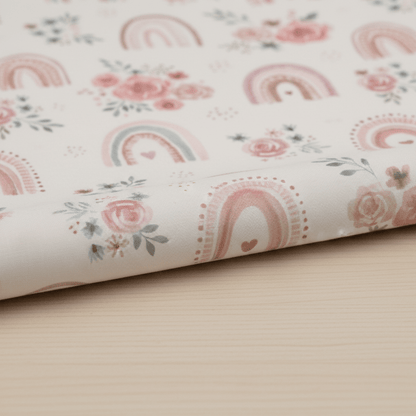 Image en tissu 100 % coton Premium - petites roses avec arcs-en-ciel 130 g/m² – disponible chez Šarlotes audumi