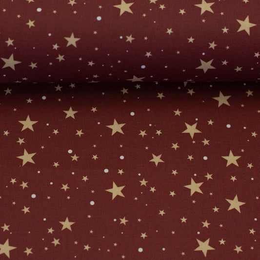 Image of premium 100% cotton fabric with stars on a burgundy background 130 g/m² – available online at Šarlotes audumi