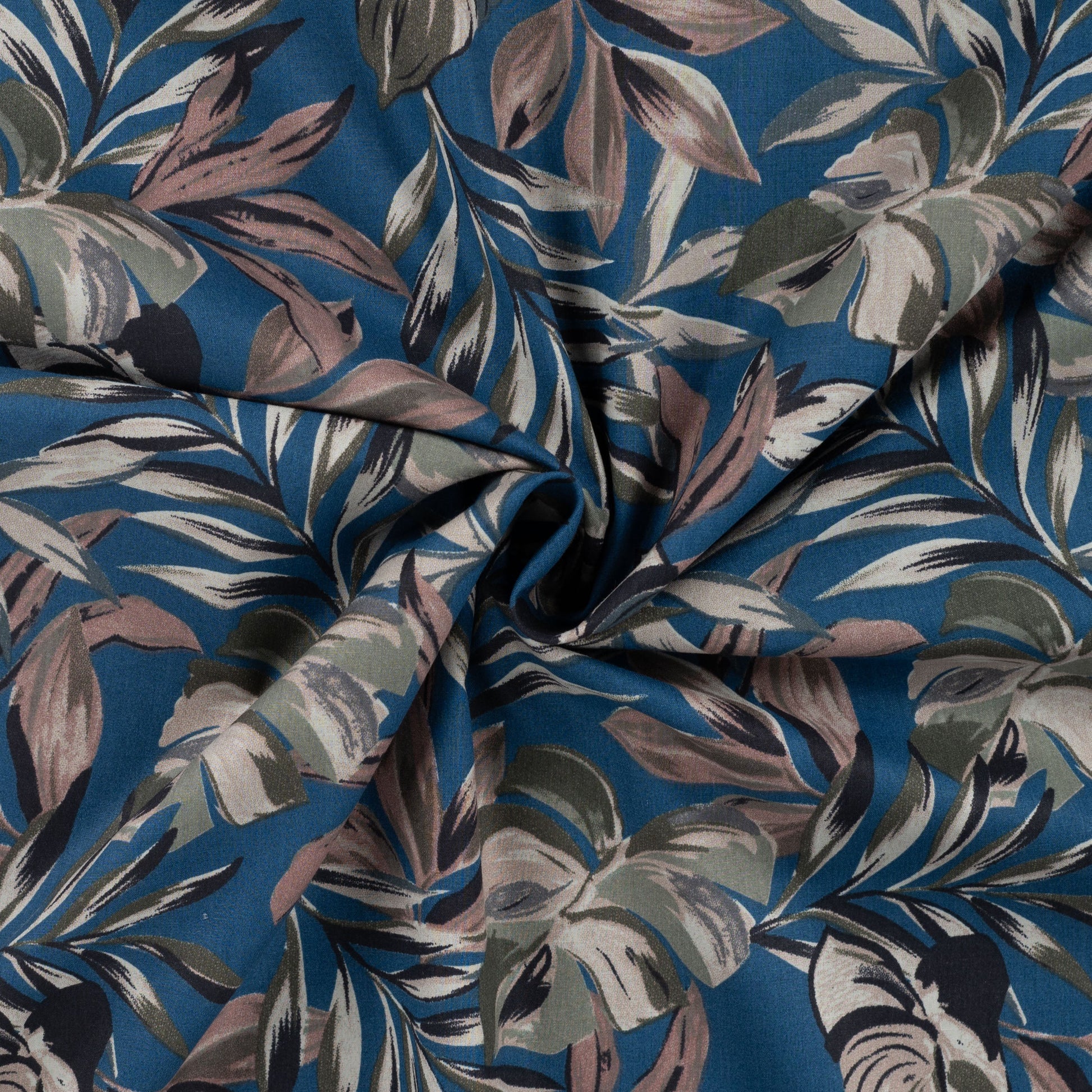 Image of premium cotton fabric, poplin - tropical foliage on blue – available online at Charlotte Fabrics