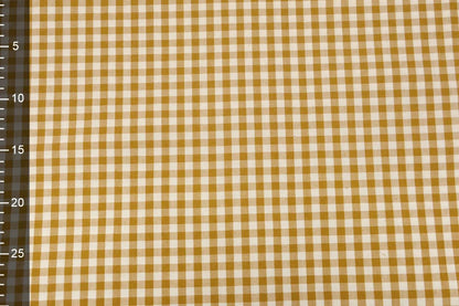 Image of premium cotton fabric in mustard yellow checkered pattern – available online, Šarlotes audumi