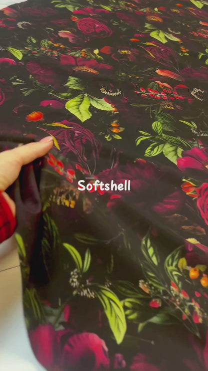 Softshell fabric – pink flowers on dark background