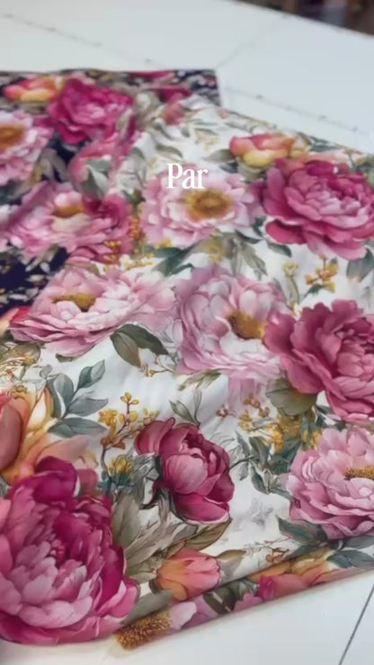 100% viscose fabric – peonies on dark blue