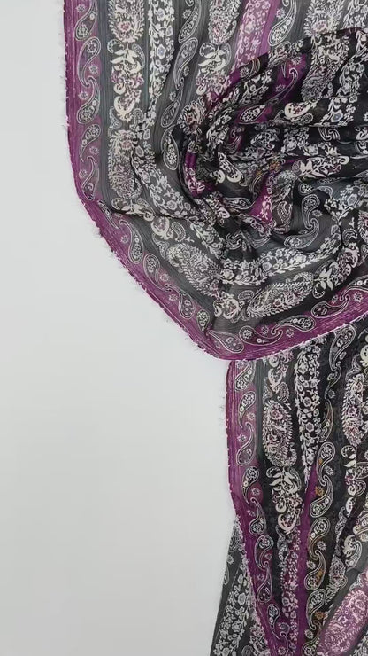 Italian chiffon fabric with black-purple paisley pattern and lurex thread