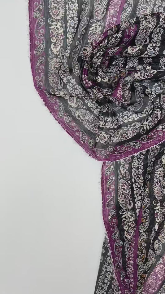 Italian chiffon fabric with black-purple paisley pattern and lurex thread 70 g/m²