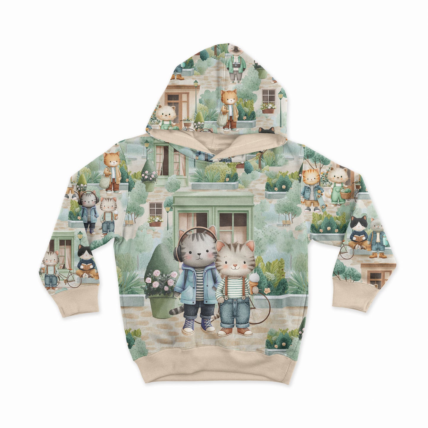 Medvilninė kilpinė trikotažo medžiaga – kačių gyvenimas mieste 250 g/m²