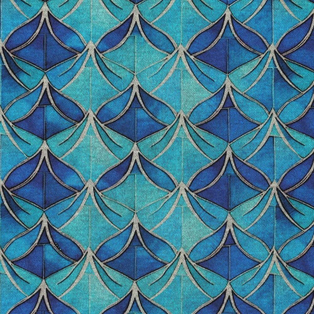 Attēls ar Punto di Roma trikotāžas audums - zils abstraksts raksts 240 g/m² – pieejams Šarlotes audumi