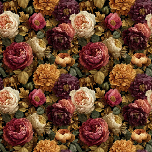 Viskozes gabardīna audums-peonijas un rozes