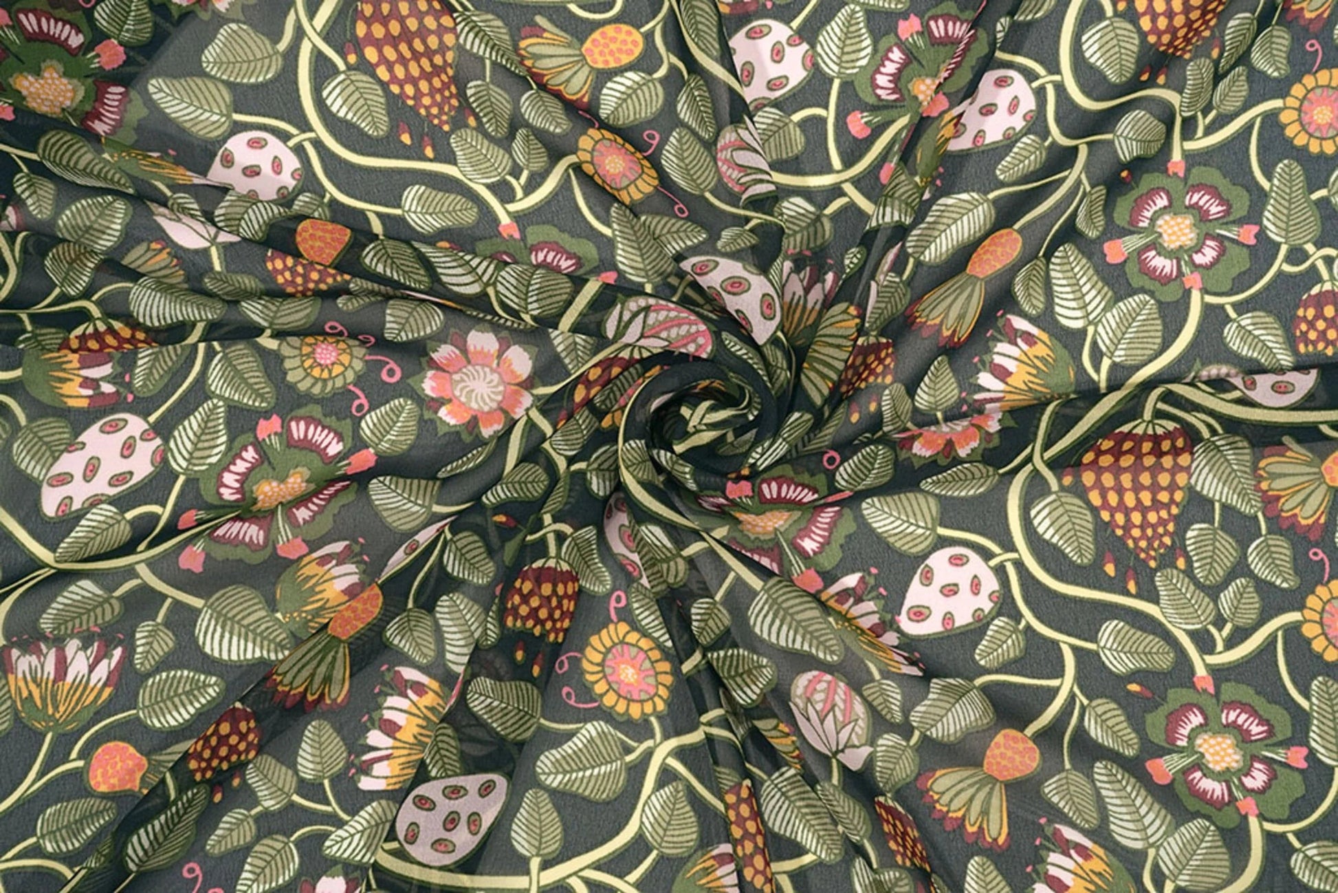 Attēls ar Šifons - ziedi ar zaļām stīgām| 150 cm | 65 g/m² – pieejams Šarlotes audumi