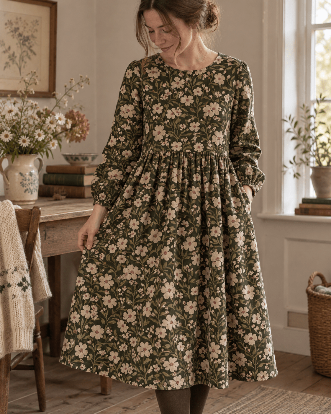 Image of fine cotton corduroy with meadow flowers on a green background – available online at Šarlotes audumi
