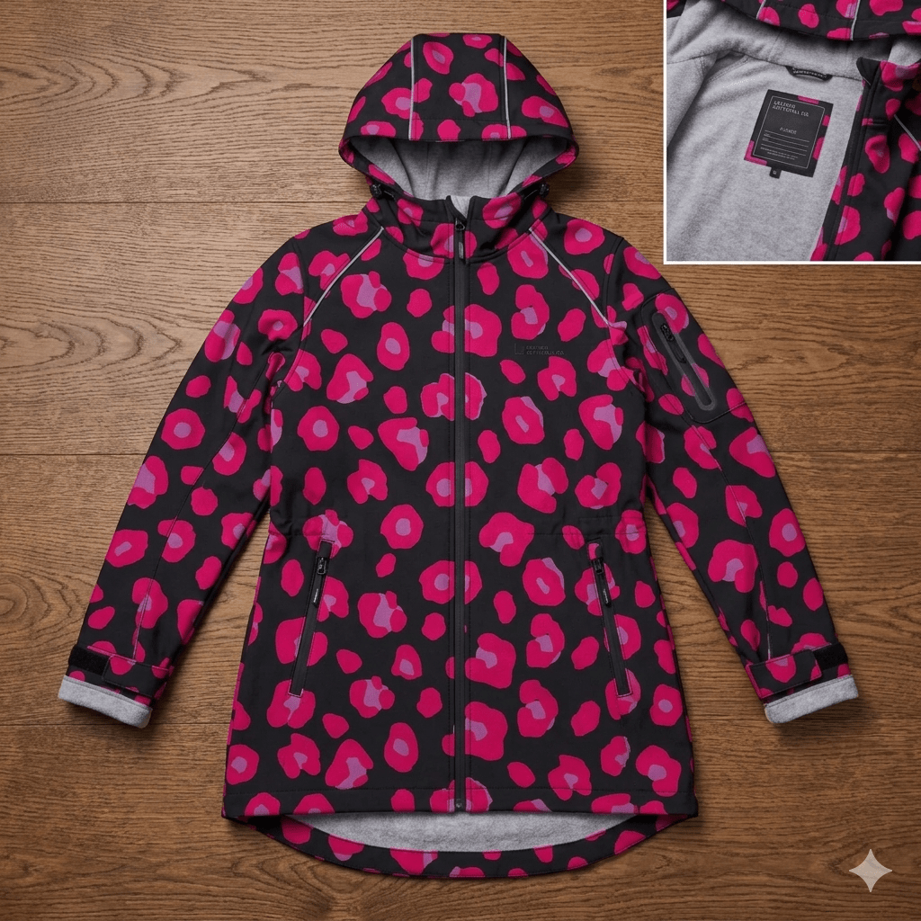 Attēls ar Softshell audums - fuksijas leopards 310 g/m² – pieejams Šarlotes audumi