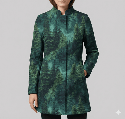 Image du tissu softshell - Forêt sempervirente 300 g/m² – disponible chez Šarlotes audumi