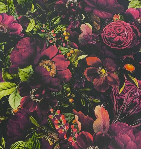 Softshell Fabric - Pink Flowers on Dark Background – available online at Charlotte's Fabric