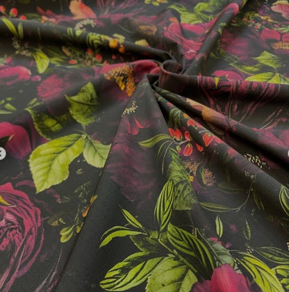 Softshell Fabric - Pink Flowers on Dark Background – available online at Charlotte's Fabric