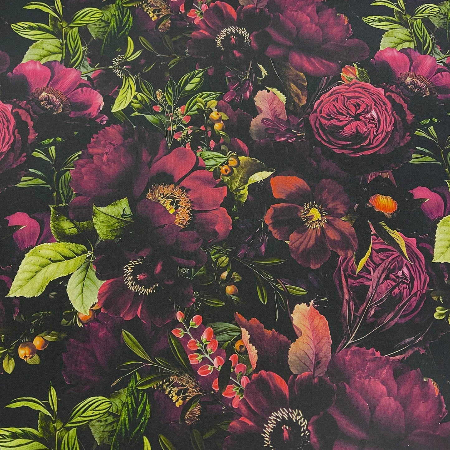 Attēls ar Softshell audums - tumšo ziedu motīvs 300 g/m² – pieejams Šarlotes audumi