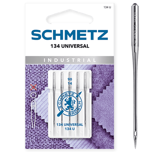 Attēls ar Šujmašīnas adatas SCHMETZ 134 UNIVERSAL ar apaļo kātu Nr.90 (5gab.) – pieejams Šarlotes audumi