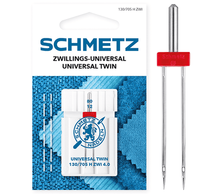 Image of a sewing machine needle, double universal SCHMETZ UNIVERSAL TWIN ZWI - No. 4/80 (1 pc) – available at Šarlotes audumi