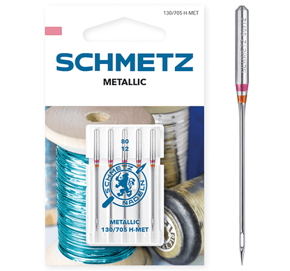 Aiguilles de machine à coudre SCHMETZ METALLIC pour fils métalliques, n°80 (5 pcs) – disponible chez Šarlotes audumi