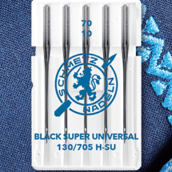 Attēls ar Šujmašīnu adatas universālās SCHMETZ BLACK SUPER UNIVERSAL–Nr.70 (5gab.) – pieejams Šarlotes audumi