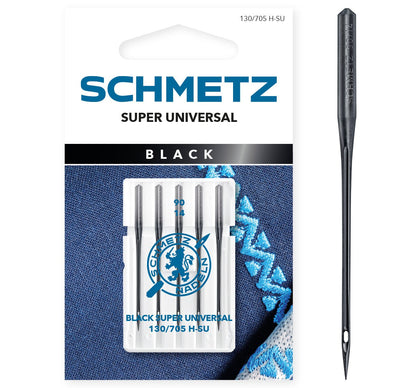 Image avec aiguilles universelles pour machine à coudre SCHMETZ BLACK SUPER UNIVERSAL–n°90 (5 pièces) – disponible chez Šarlotes audumi