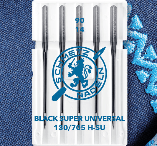 Attēls ar Šujmašīnu adatas universālās SCHMETZ BLACK SUPER UNIVERSAL–Nr.90 (5gab.) – pieejams Šarlotes audumi
