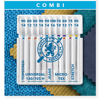 Image d’un assortiment d’aiguilles pour machine à coudre SCHMETZ COMBI 10 TOPSTITCH/UNIVERSAL/JEANS/MICROTEX/STRETCH (10 pièces) – disponible chez Šarlotes audumi