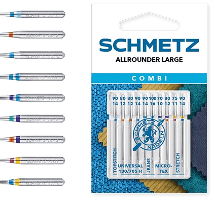 Lot d'aiguilles pour machine à coudre SCHMETZ COMBI 10 TOPSTITCH/UNIVERSAL/JEANS/MICROTEX/STRETCH (10 pièces)