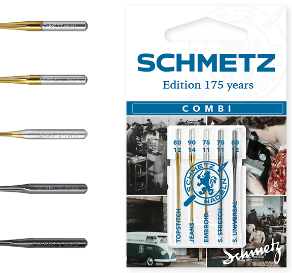 Attēls ar Šujmašīnu adatu komplekts SCHMETZ Combi Edition 175 Years – 5 gab. – pieejams Šarlotes audumi