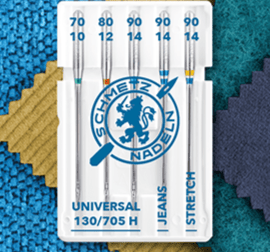 Attēls ar Šujmašīnu adatu komplekts SCHMETZ CREATIVE 5 UNIVERSAL/JEANS/STRETCH (5gab.) – pieejams Šarlotes audumi
