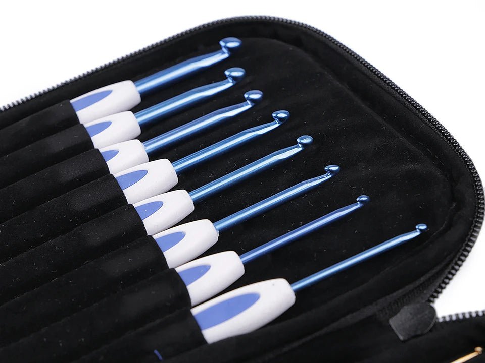 Image of a crochet hook set in a case – 16 ergonomic crochet hooks in various sizes – available online at Charlotte's Fabrics