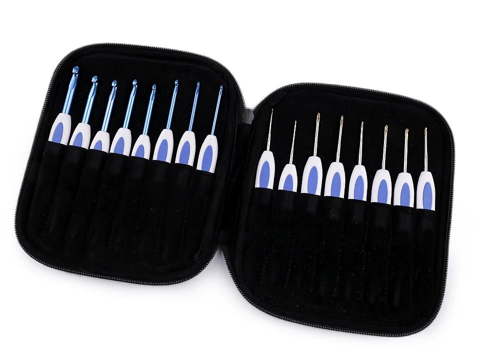 Image of crochet hook set in a case – 16 ergonomic crochet hooks in various sizes – available online at Charlotte's Fabrics