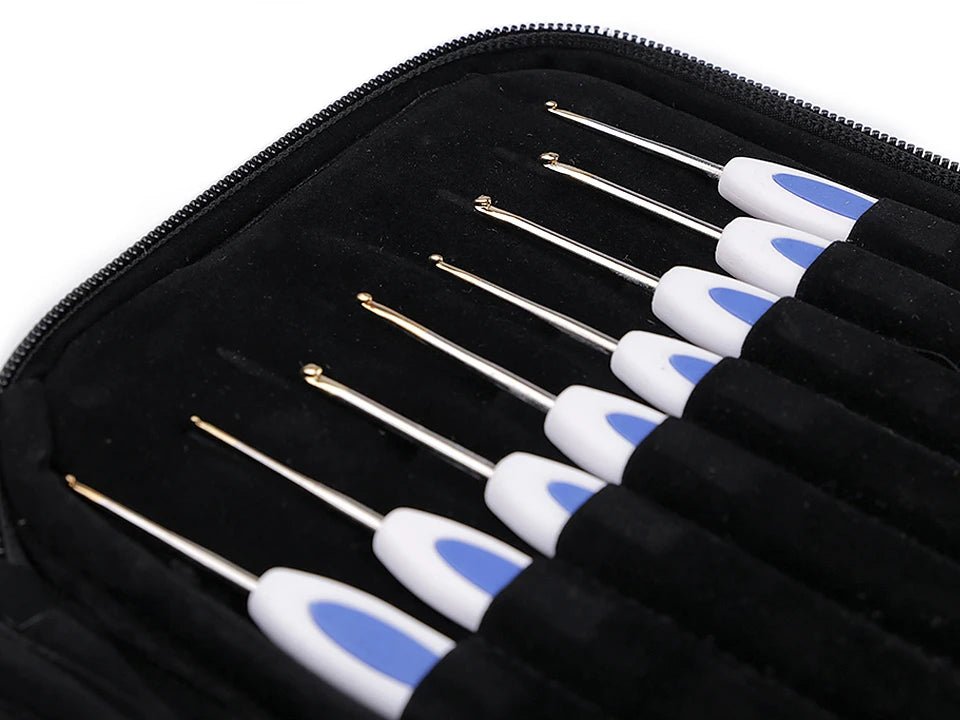 Image of a crochet hook set in a case – 16 ergonomic crochet hooks in various sizes – available online at Charlotte's Fabrics