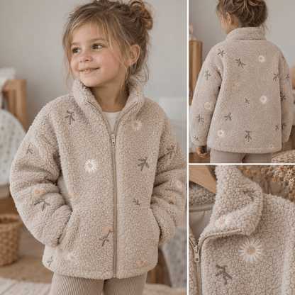 Image of Teddy fleece-embroidered flowers on a beige background – available online at Charlotte's Fabrics