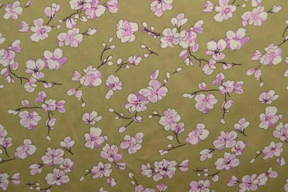 100% Viscose Fabric - Cherry Blossoms on a Pistachio Green Background 100 g/m²