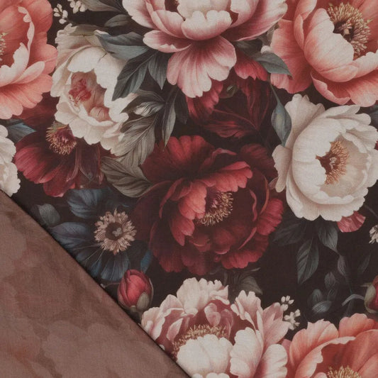 Image of viscose fabric – pink peonies, available online at Charlotte's Fabrics