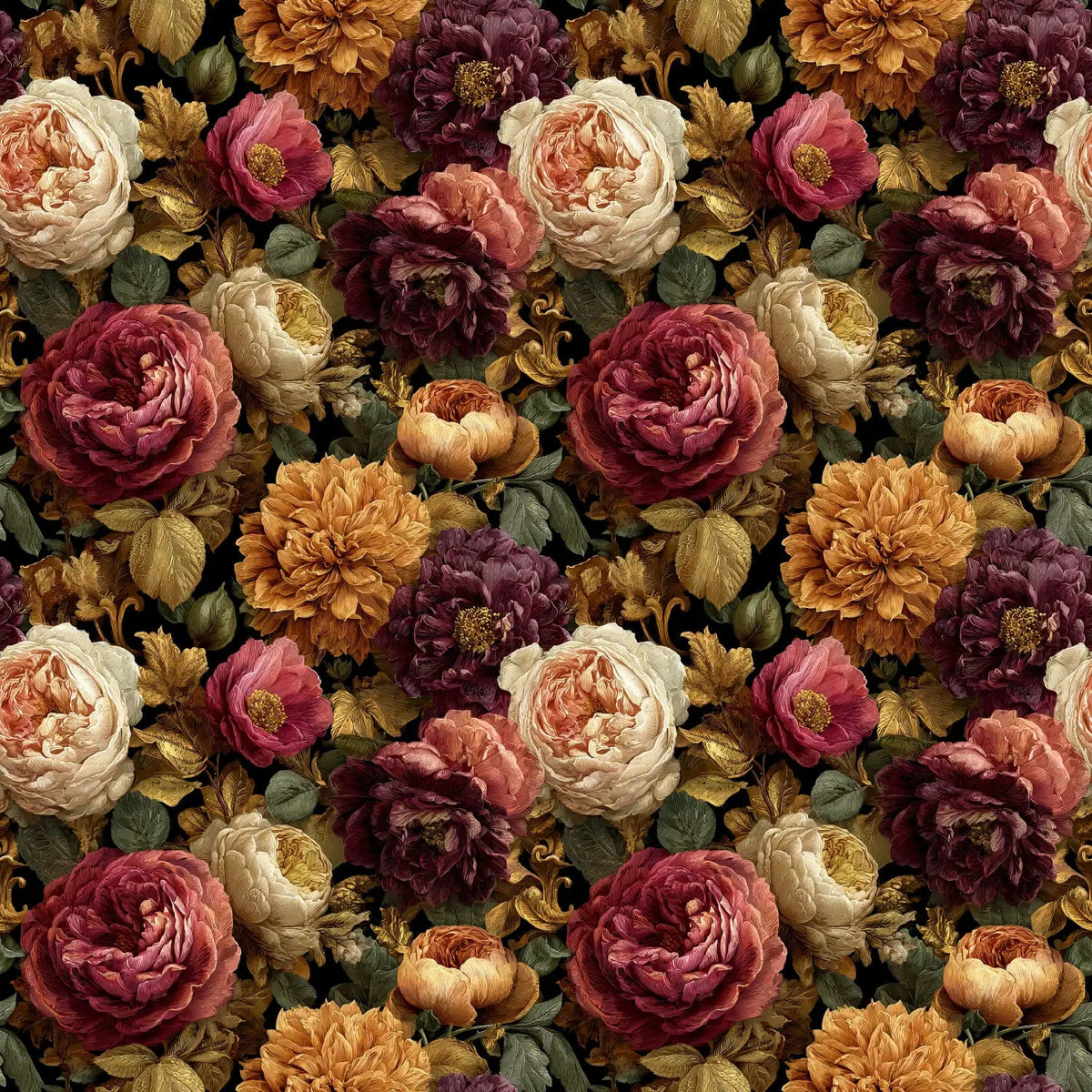 Image of viscose gabardine fabric with peonies and roses – available online at Charlotte's Fabrics