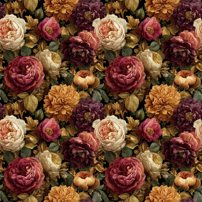 Image of viscose gabardine fabric with peonies and roses – available online at Charlotte's Fabrics