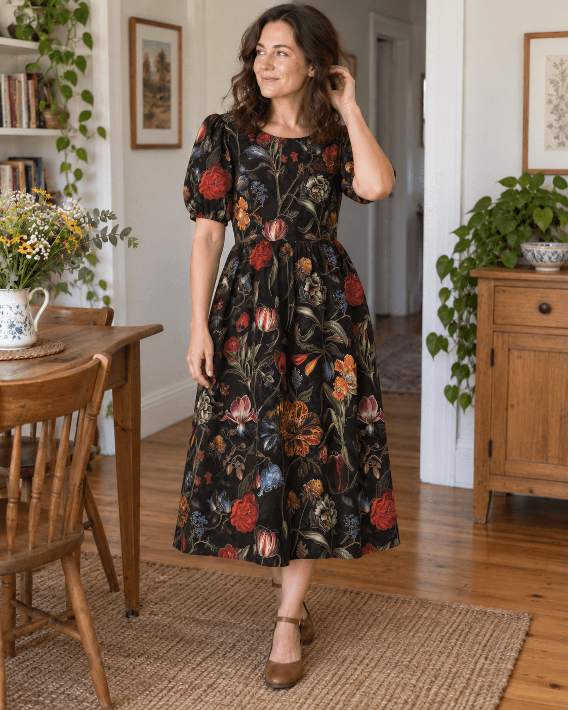 Viscose gabardine fabric with flowers on black – available online at Šarlotes audumi