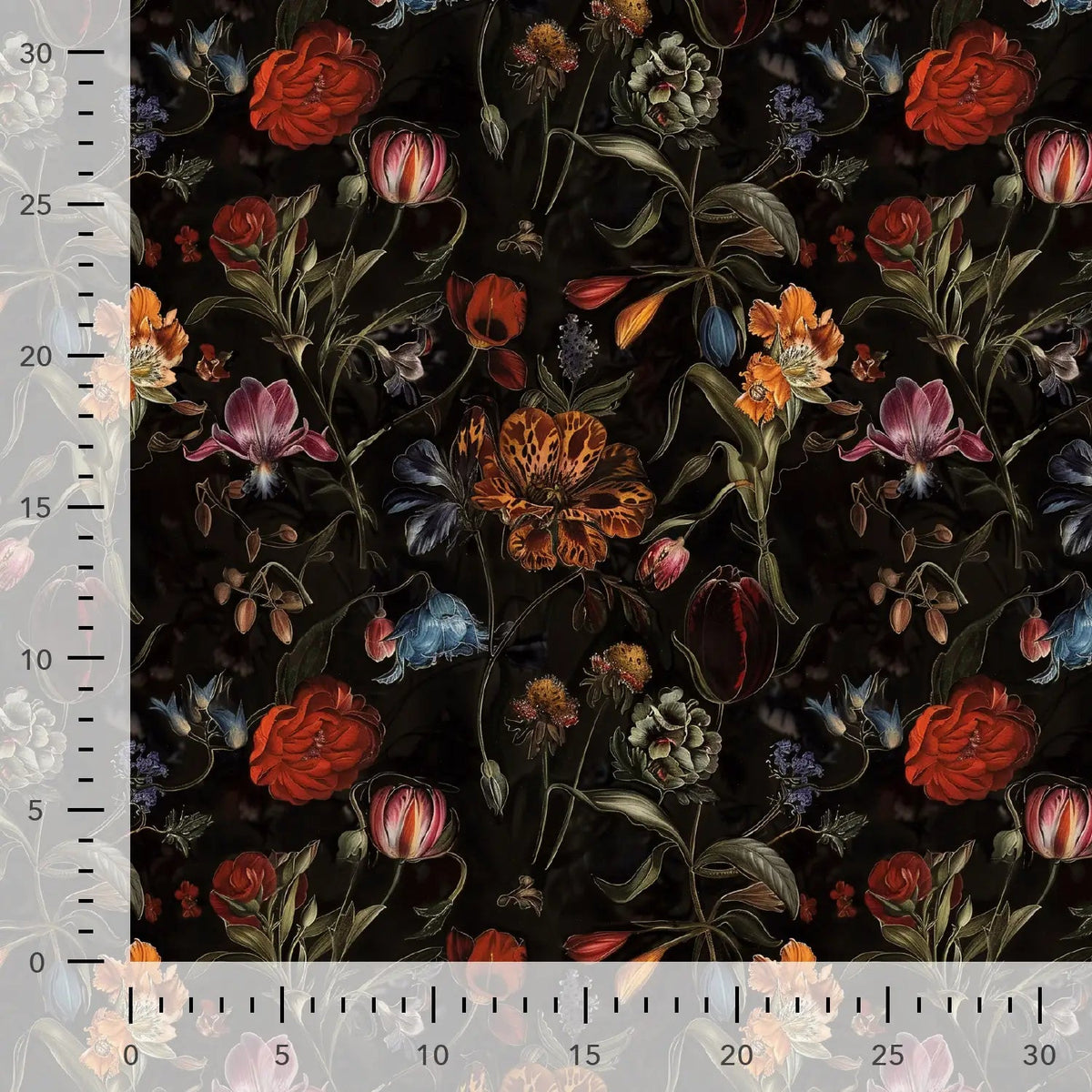 Viscose gabardine fabric with flowers on black – available online at Šarlotes audumi