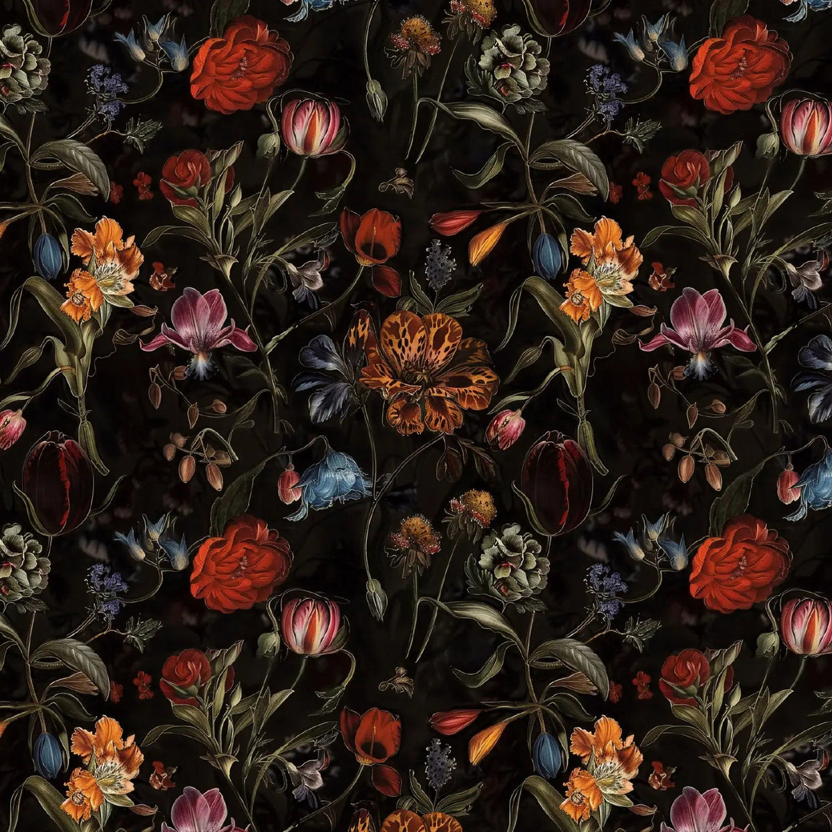 Viscose gabardine fabric with flowers on black – available online at Šarlotes audumi